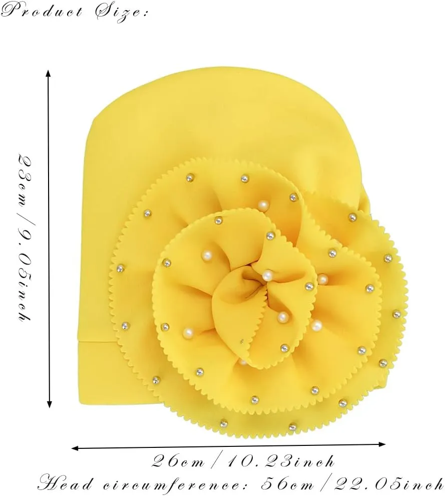 Urieo African Turban Headwrap Flower Head Wrap Cap Pre-Tied Pearl Head Scarf for Women