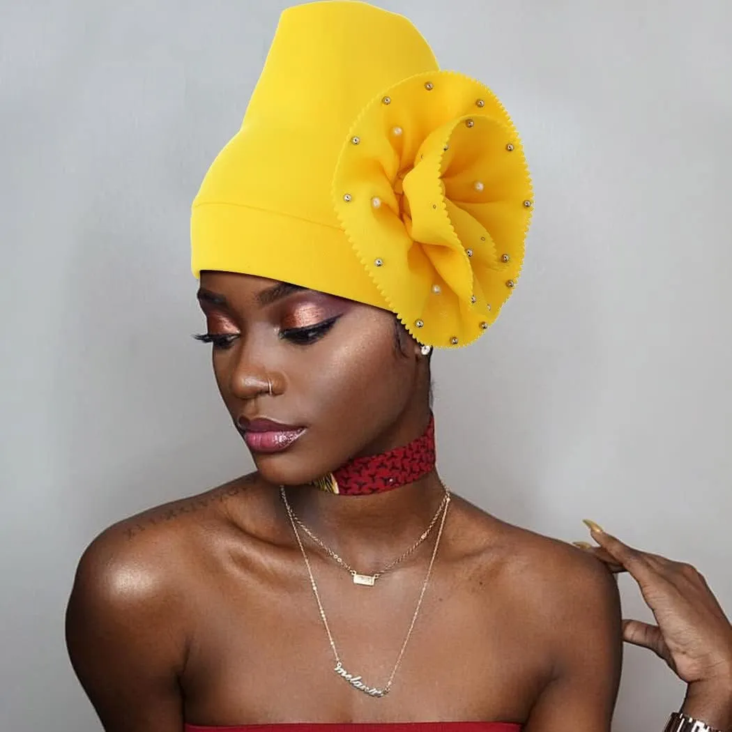 Urieo African Turban Headwrap Flower Head Wrap Cap Pre-Tied Pearl Head Scarf for Women