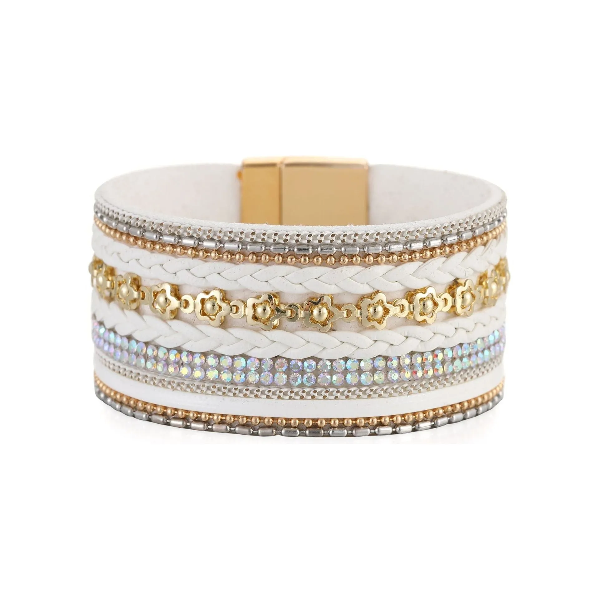 Wide Bracelet Flower Elements Diamond Luxury Braided Leather Strip Magnetic Buckle