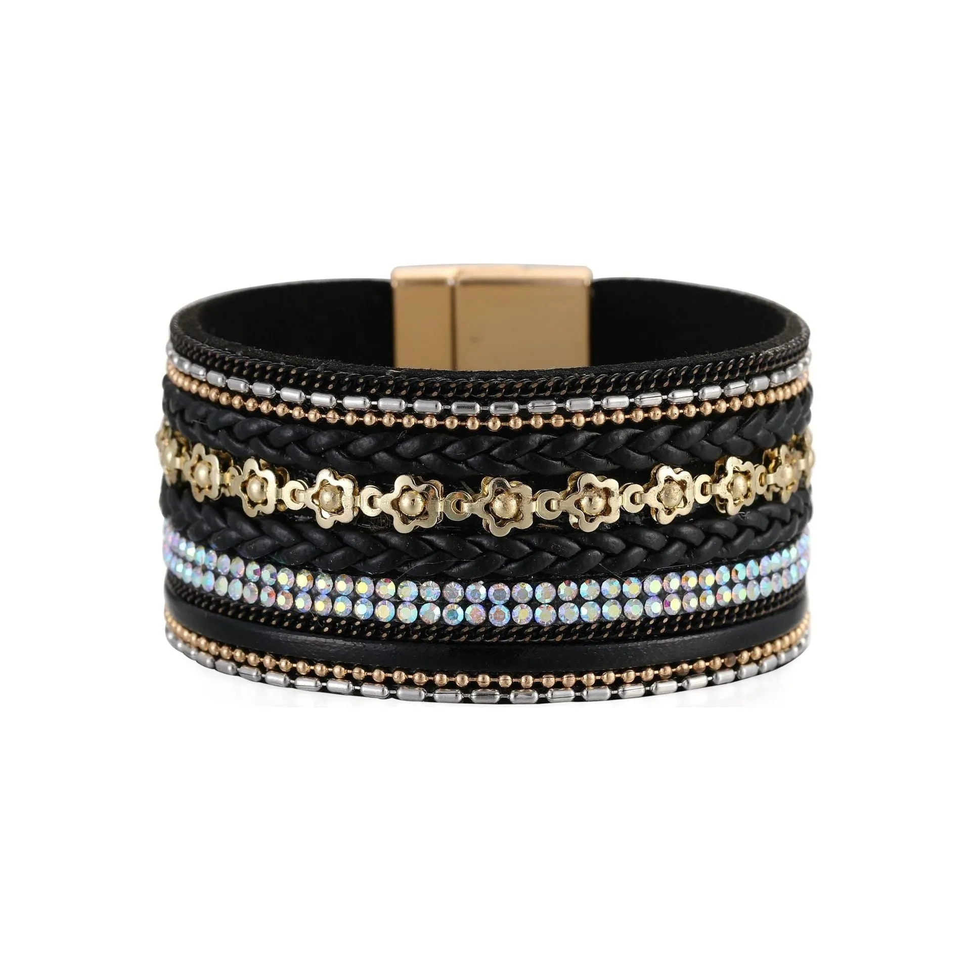 Wide Bracelet Flower Elements Diamond Luxury Braided Leather Strip Magnetic Buckle