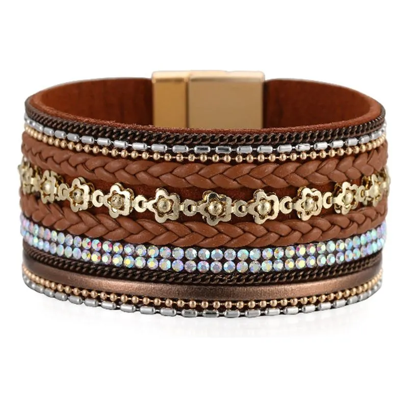 Wide Bracelet Flower Elements Diamond Luxury Braided Leather Strip Magnetic Buckle