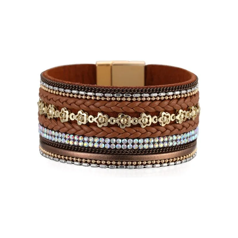 Wide Bracelet Flower Elements Diamond Luxury Braided Leather Strip Magnetic Buckle