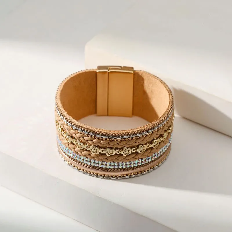 Wide Bracelet Flower Elements Diamond Luxury Braided Leather Strip Magnetic Buckle