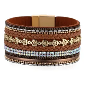 Wide Bracelet Flower Elements Diamond Luxury Braided Leather Strip Magnetic Buckle