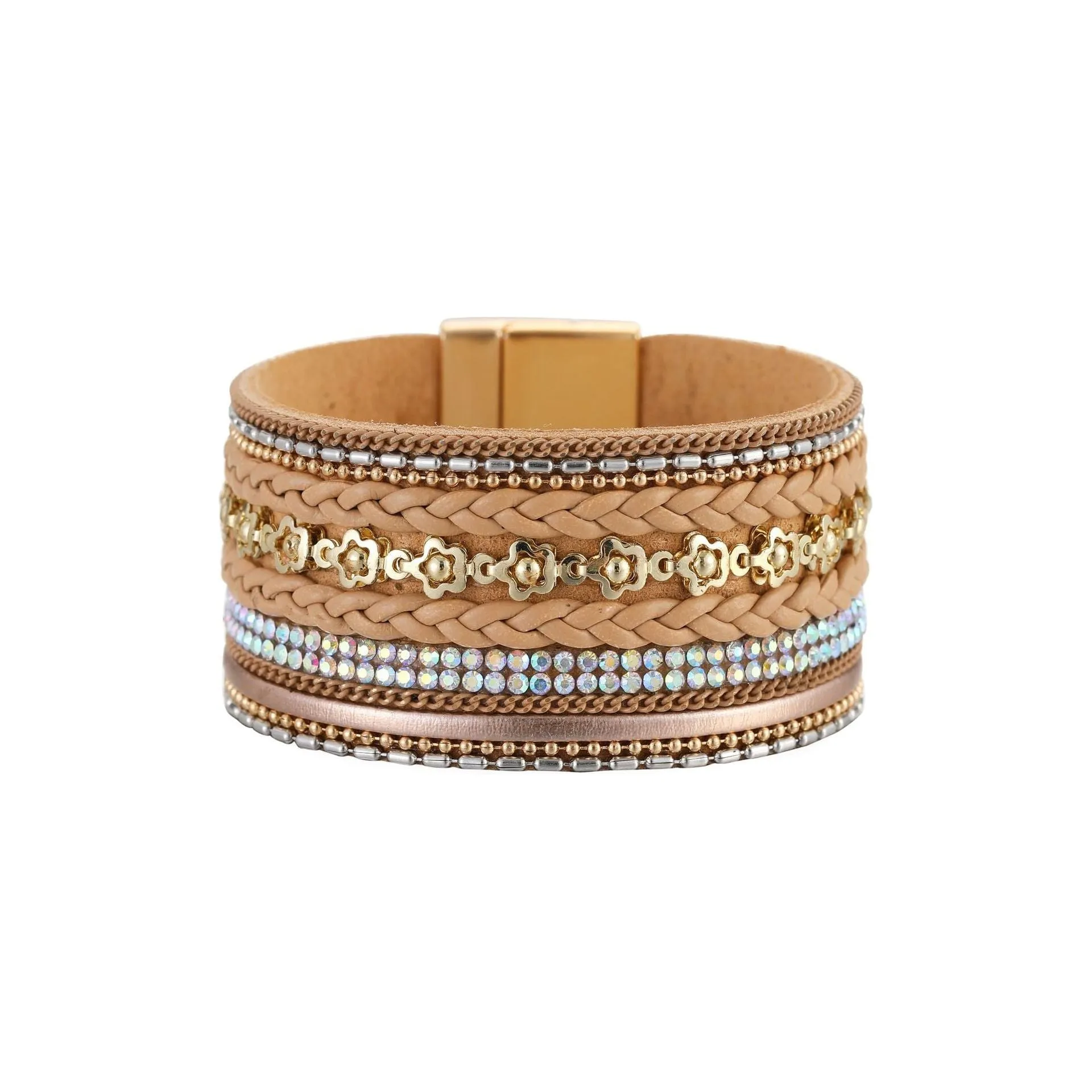 Wide Bracelet Flower Elements Diamond Luxury Braided Leather Strip Magnetic Buckle