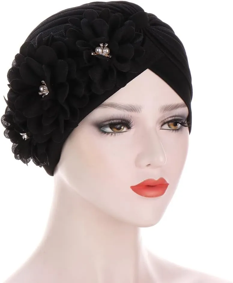 YYAOJHAO Women Flower Turban Hats - Ruffle Pre Tied Headwrap Caps Chemo Beanies Hijab Headscarf for Cancer Patient Hair Loss